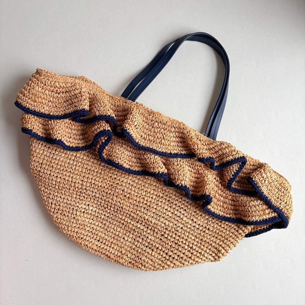 Mark & Graham Tan and Blue Raffia Ruffle Tote Bag NWOT Beach Pool Bag - Picture 2 of 13